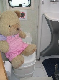 Sophie needs the toilet in the Motorhome - Thetford caravan toilet!